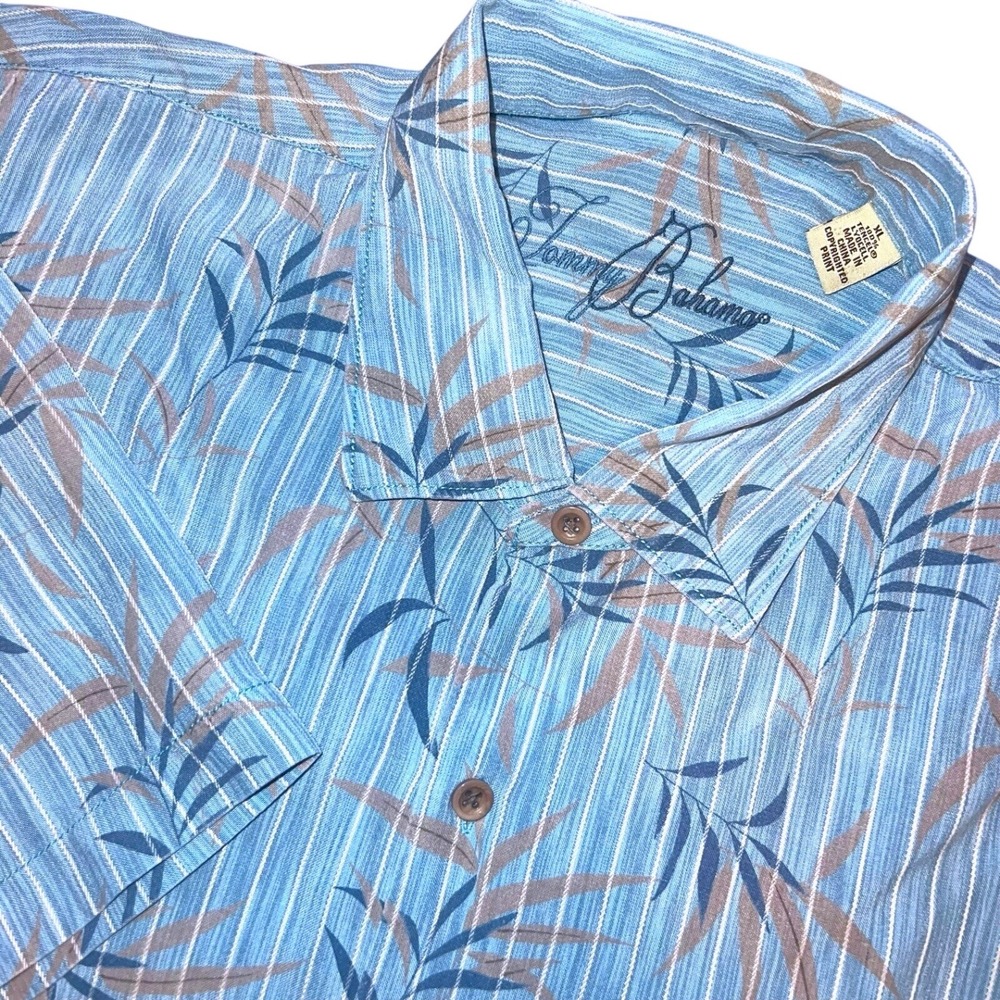 Tommy Bahama Mens XL Blue Tencel Lyocell Tropical Palm Stripe Short Sleeve Shirt